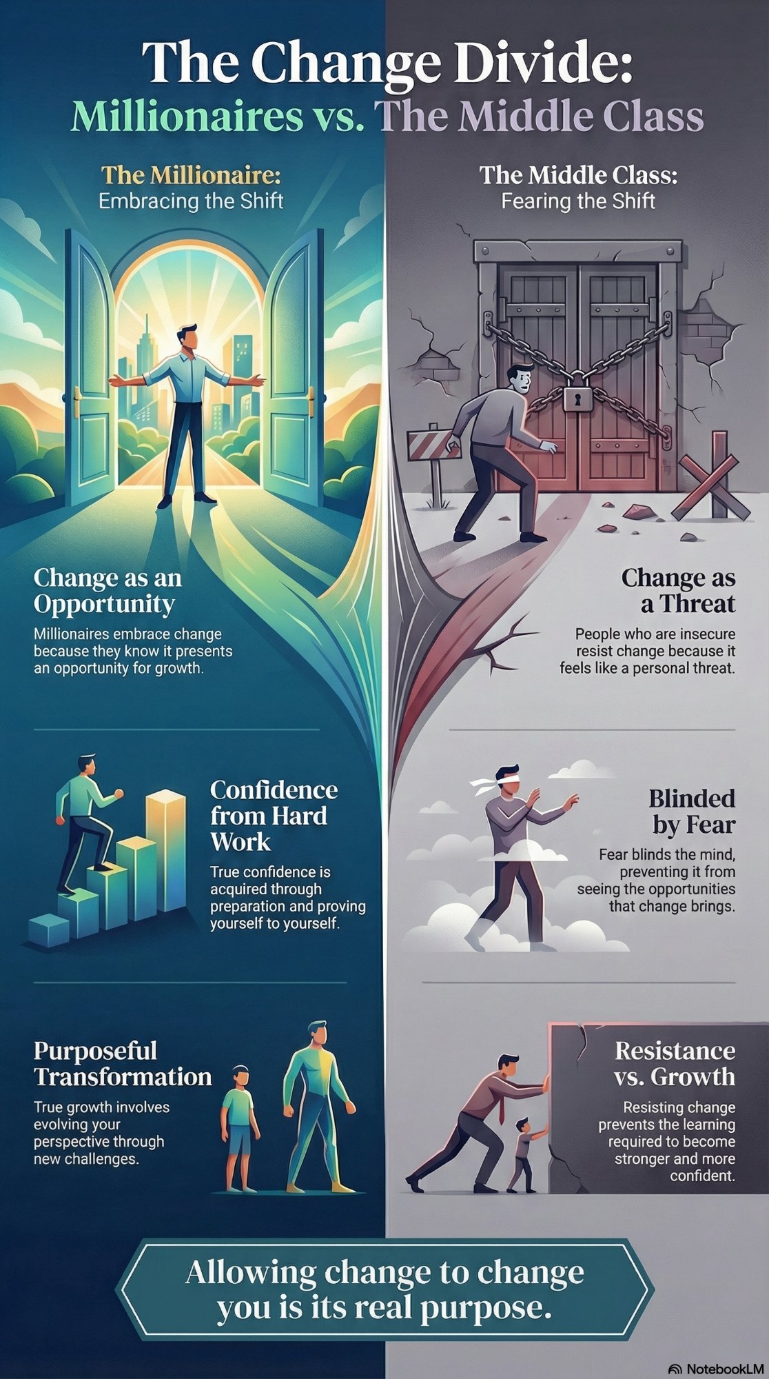 Infographic: The Change Divide — Millionaires vs. The Middle Class. Compares the millionaire approach of embracing change as an opportunity, building confidence through hard work, and pursuing purposeful transformation, with the middle class tendency to see change as a threat, be blinded by fear, and resist growth.
