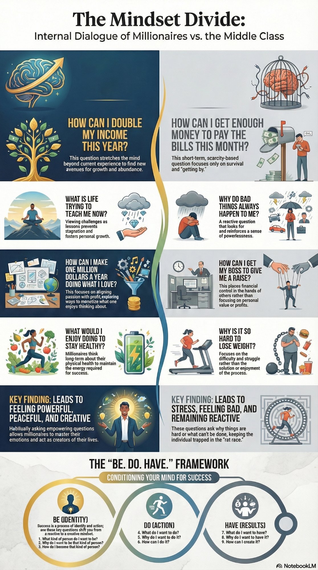 Infographic: The Mindset Divide — Internal Dialogue of Millionaires vs. the Middle Class. Compares empowering questions (How can I double my income? What is life trying to teach me now?) with disempowering questions (How can I get enough money to pay the bills? Why do bad things always happen to me?), including the Be, Do, Have framework for conditioning your mind for success.