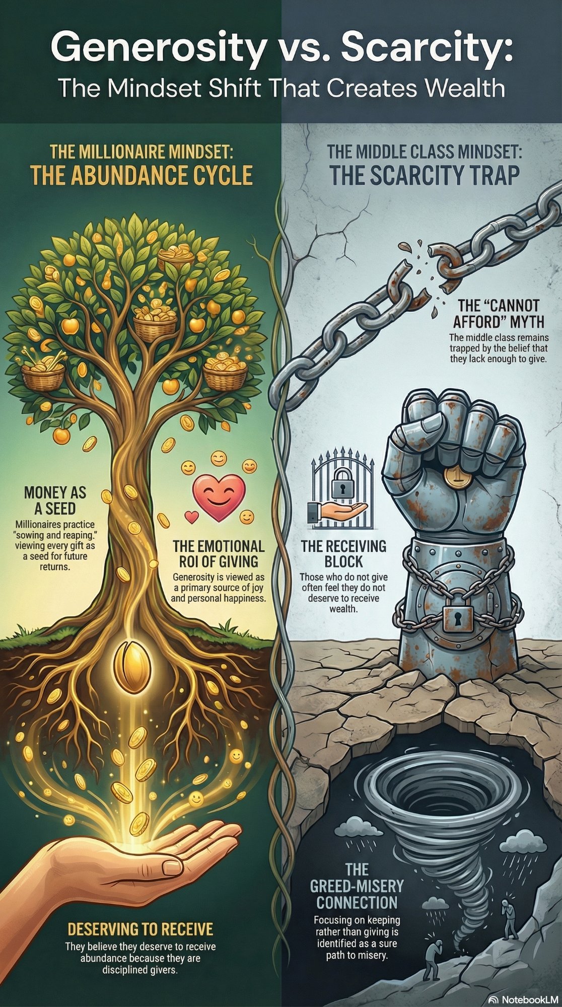 Infographic: Generosity vs. Scarcity — The Mindset Shift That Creates Wealth. Contrasts the millionaire abundance cycle (money as a seed, the emotional ROI of giving, deserving to receive) with the middle class scarcity trap (the cannot afford myth, the receiving block, the greed-misery connection).