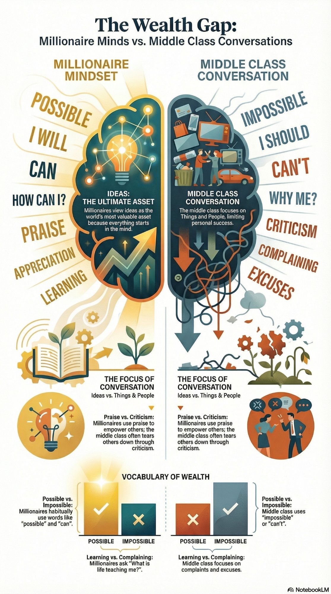 Infographic: The Wealth Gap — Millionaire Minds vs. Middle Class Conversations. Compares the millionaire mindset (ideas as the ultimate asset, words like possible, can, I will, praise, appreciation, learning) with middle class conversation (focus on things and people, words like impossible, can't, why me, criticism, complaining, excuses), including the vocabulary of wealth and the focus of conversation.