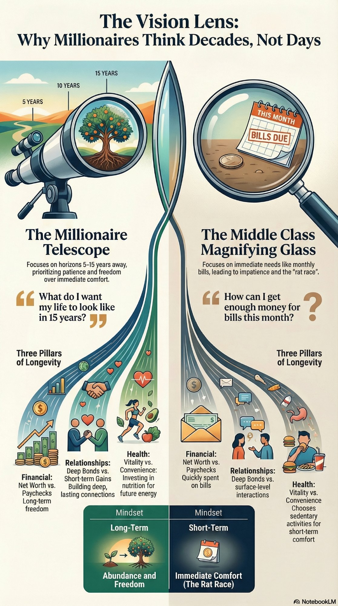 Infographic: The Vision Lens — Why Millionaires Think Decades, Not Days. Compares the Millionaire Telescope (focusing on 5–15 year horizons, patience, and freedom) with the Middle Class Magnifying Glass (focusing on immediate needs like monthly bills), across three pillars of longevity: financial, relationships, and health.