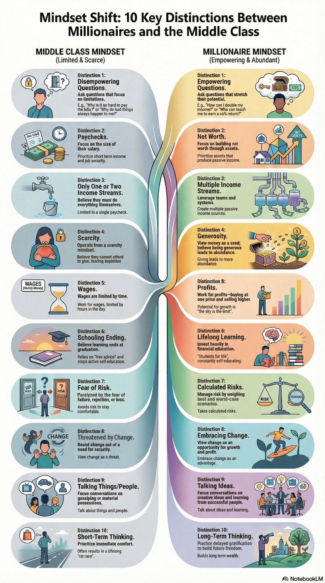 Infographic: Mindset Shift — 10 Key Distinctions Between Millionaires and the Middle Class, comparing the limited and scarce middle class mindset with the empowering and abundant millionaire mindset across questions, financial focus, income streams, generosity, compensation, education, risk, adaptability, conversation, and time horizon.