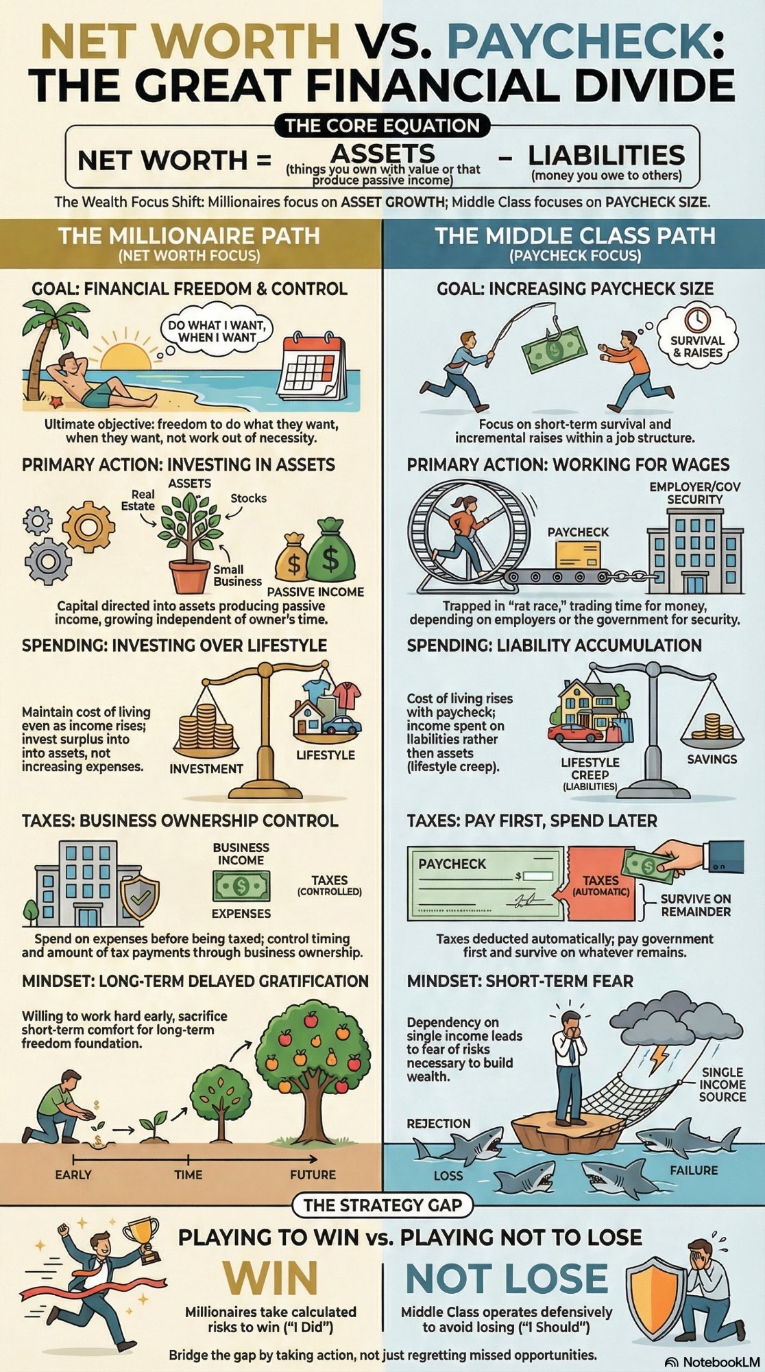 Infographic: Net Worth vs. Paycheck — The Great Financial Divide. Compares the millionaire path (net worth focus, investing in assets, investing over lifestyle, business ownership tax control, long-term delayed gratification) with the middle class path (paycheck focus, working for wages, liability accumulation, pay first spend later taxes, short-term fear), including the strategy gap of playing to win vs. playing not to lose.
