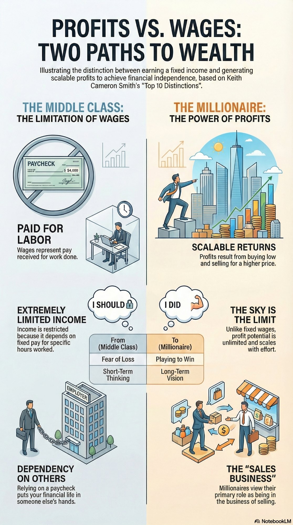 Infographic: Profits vs. Wages — Two Paths to Wealth. Contrasts the middle class limitation of wages (paid for labor, extremely limited income, dependency on others) with the millionaire power of profits (scalable returns, the sky is the limit, the sales business mentality).