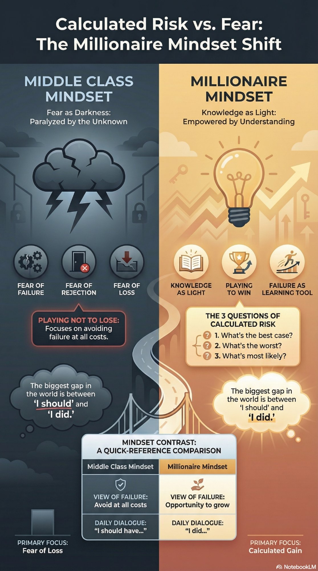 Infographic: Calculated Risk vs. Fear — The Millionaire Mindset Shift. Contrasts the middle class mindset of fear as darkness (fear of failure, rejection, and loss; playing not to lose) with the millionaire mindset of knowledge as light (playing to win, failure as a learning tool, and the three questions of calculated risk: what's the best case, what's the worst, and what's most likely).