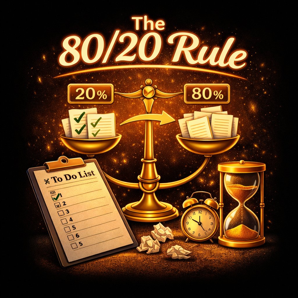 Illustration of golden scales balancing 20% vital tasks against 80% results, with a to-do list, alarm clock and hourglass — representing the Pareto principle applied to daily priorities