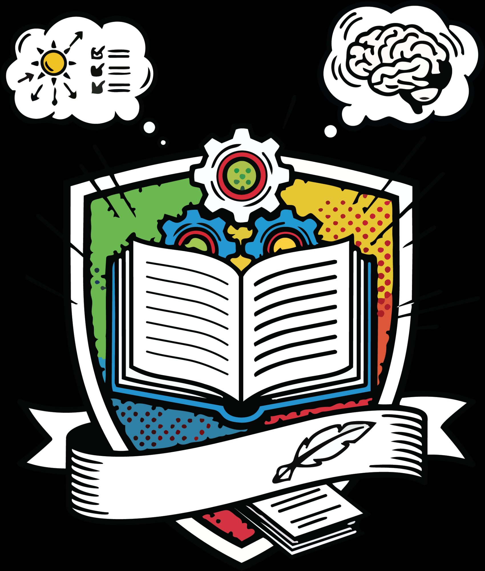 Illustration of an open book with colourful gears, thought clouds showing goals and a brain, and a quill pen — representing the daily practice of reviewing and rewriting goals to programme the subconscious