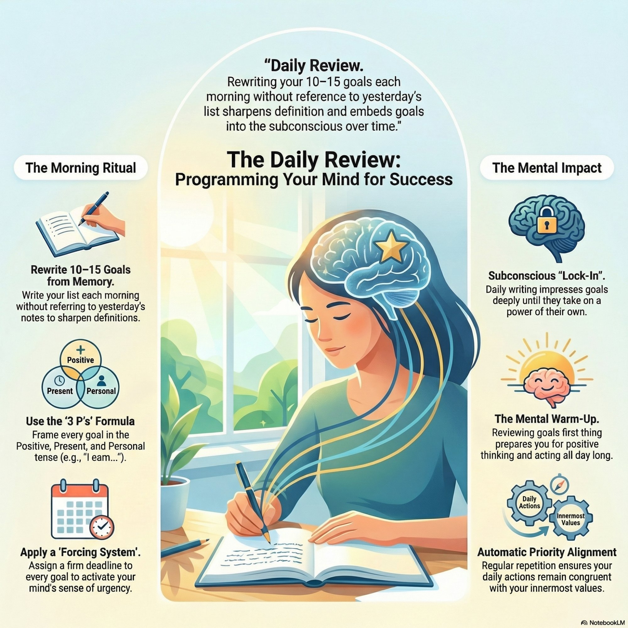 The Daily Review: Programming Your Mind for Success. The Morning Ritual: Rewrite 10-15 Goals from Memory each morning without referring to yesterday's notes to sharpen definitions; Use the 3 Ps Formula — frame every goal as Positive, Present, and Personal (e.g. I earn...); Apply a Forcing System — assign a firm deadline to every goal to activate urgency. The Mental Impact: Subconscious Lock-In — daily writing impresses goals deeply until they take on a power of their own; The Mental Warm-Up — reviewing goals first thing prepares you for positive thinking all day; Automatic Priority Alignment — regular repetition ensures daily actions remain congruent with your innermost values.