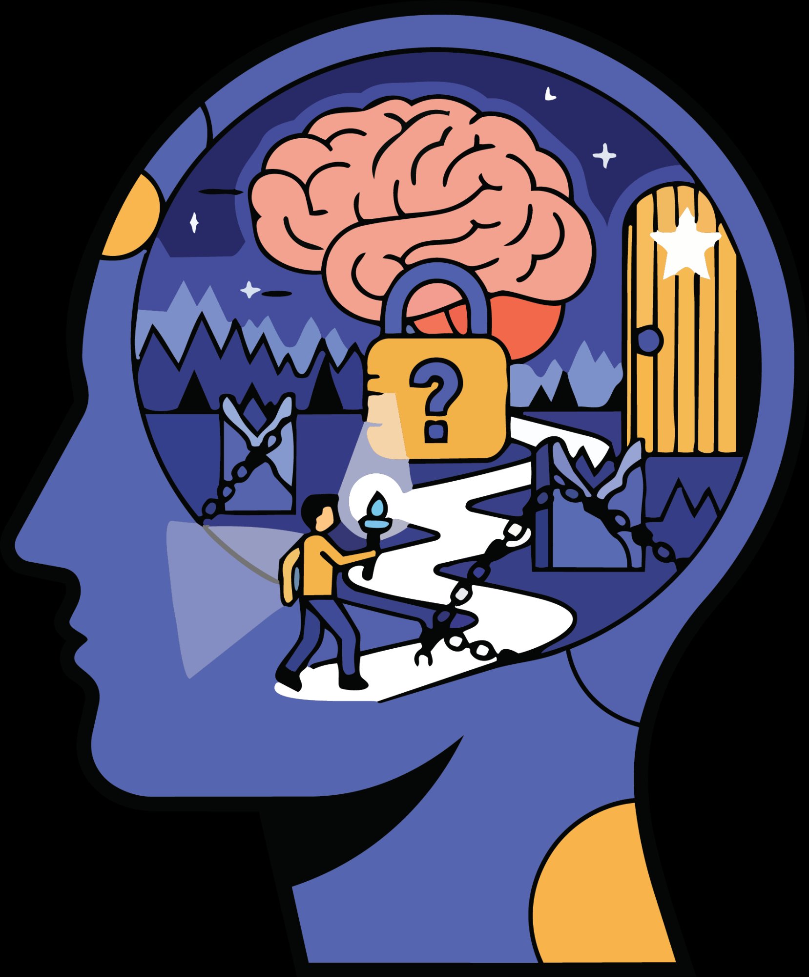 Illustration of a figure walking through a locked mind toward an open door — representing the journey of facing internal fear