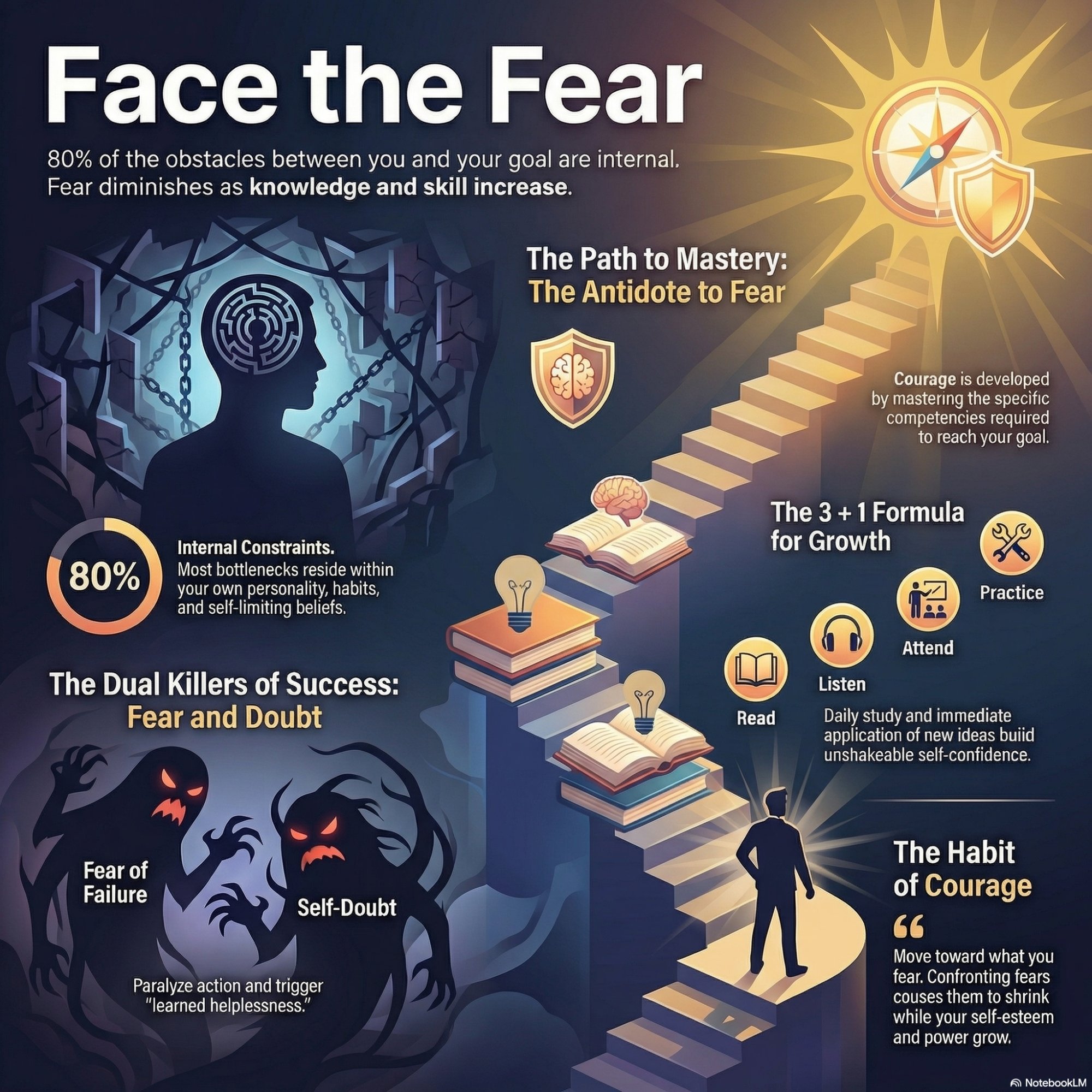 Face the Fear infographic. Header: 80% of the obstacles between you and your goal are internal. Fear diminishes as knowledge and skill increase. 80% Internal Constraints: most bottlenecks reside within your own personality, habits, and self-limiting beliefs. The Dual Killers of Success — Fear and Doubt: Fear of Failure and Self-Doubt paralyze action and trigger learned helplessness. The Path to Mastery — The Antidote to Fear: Courage is developed by mastering the specific competencies required to reach your goal. The 3+1 Formula for Growth: Read, Listen, Attend, Practice — daily study and immediate application of new ideas build unshakeable self-confidence. The Habit of Courage: Move toward what you fear. Confronting fears causes them to shrink while your self-esteem and power grow.