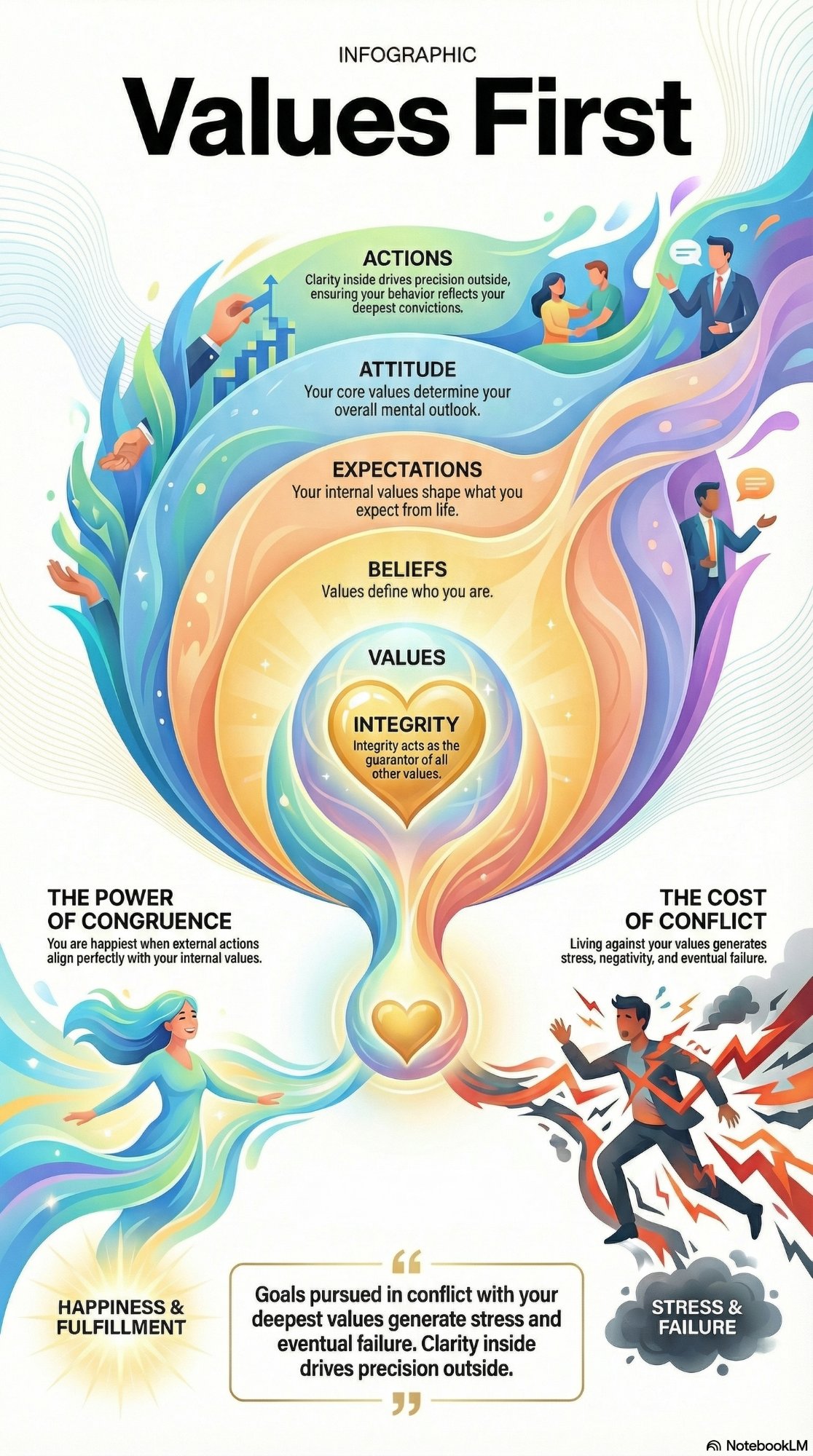 Values First infographic. At the centre: Integrity, the guarantor of all other values. Radiating outward through Values, Beliefs, Expectations, Attitude, and Actions. The Power of Congruence: external actions aligned with internal values leads to Happiness and Fulfillment. The Cost of Conflict: living against your values generates stress, negativity, and eventual failure. Central quote: Goals pursued in conflict with your deepest values generate stress and eventual failure. Clarity inside drives precision outside.